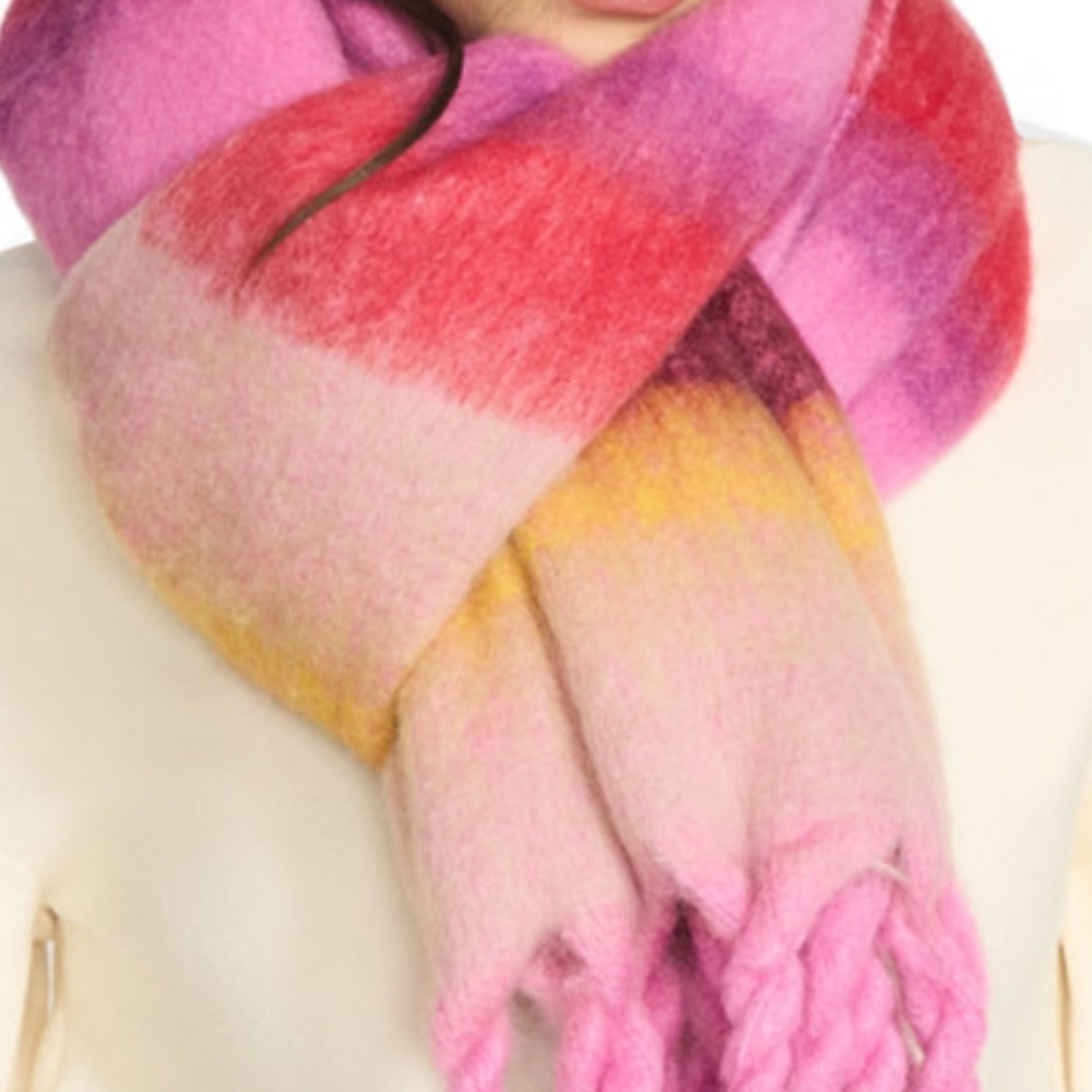 Steve Madden Med Pink Ombre Stripe Fringe Scarf Soft Cozy One Size